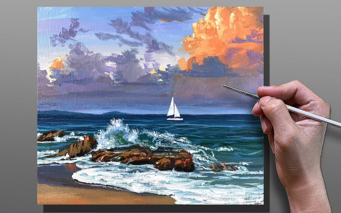 【丙烯画】【绘画教程】夕阳下的出航Acrylic Painting Sailing At Sunset Correa Art哔哩哔哩bilibili