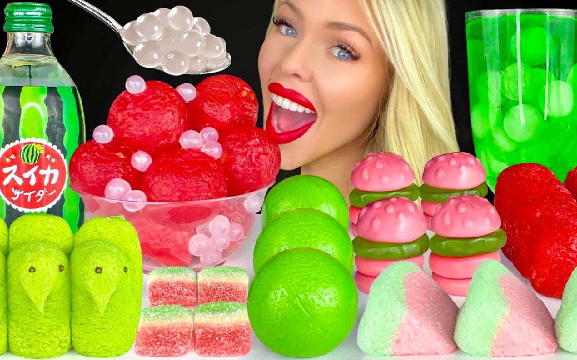 【HunniBee】西瓜甜点，酸片棉花糖，西瓜苏打饮料，手指蛋糕，荔枝（剪废话）
