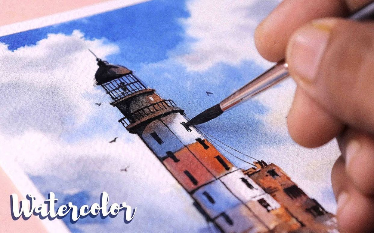 水彩画】【绘画教程】灯塔-Simple Watercolor painting of sea and lighthouse landscape