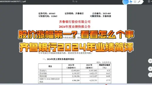 股价涨幅第一？看看怎么个事，齐鲁银行2024年业绩简评