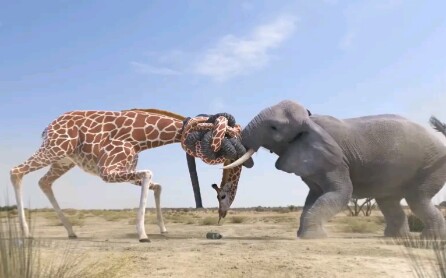 长颈鹿和大象打架，你见过吗？太稀罕了。