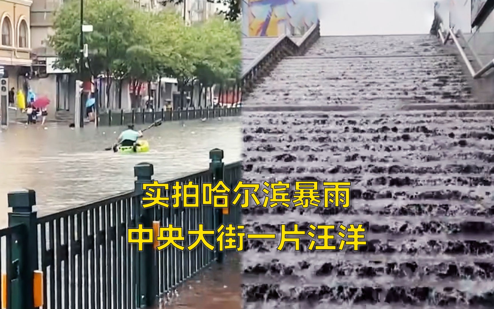 哈尔滨暴雨:车辆被淹,中央大街一片汪洋哔哩哔哩bilibili