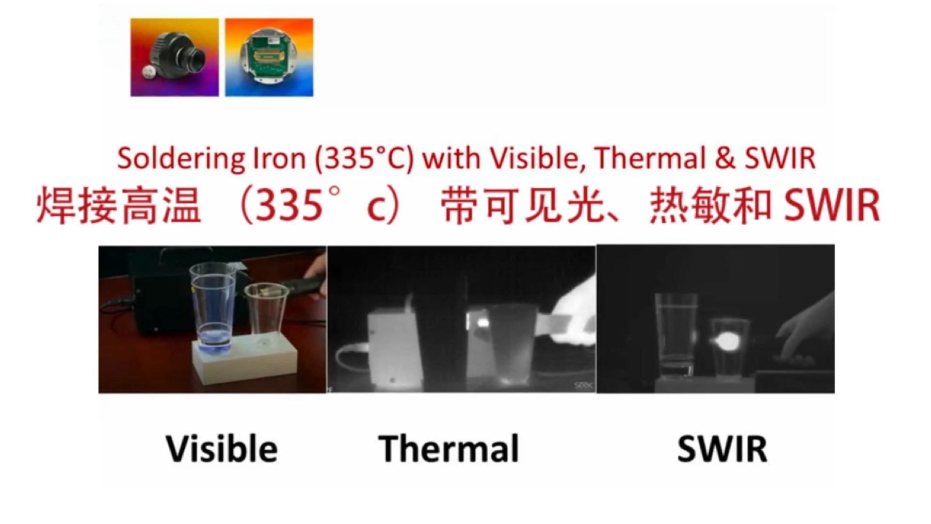 使用可见光相机、长波红外微热计和SWIRInGaAs相机来观察一个热烙铁。