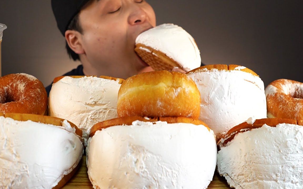 【ddeonggaeTV】好久没吃奶油华夫饼了，满满的奶油华夫饼和奶油甜甜圈，黑糖珍珠吃播~！