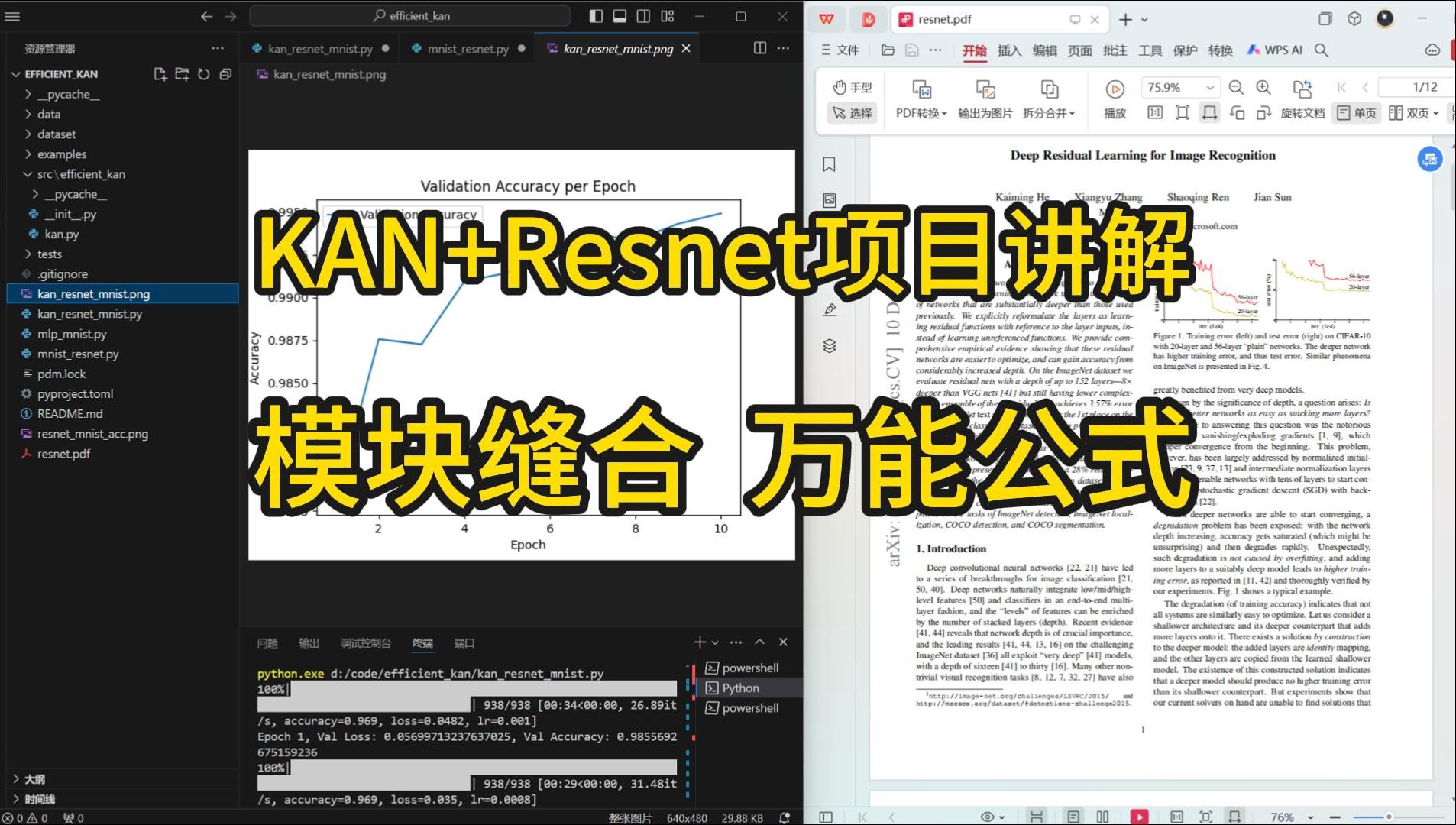 KAN+Resnet项目讲解，融入KAN后指标超越原残差神经网络，学会这个方法融合进任意神经网络