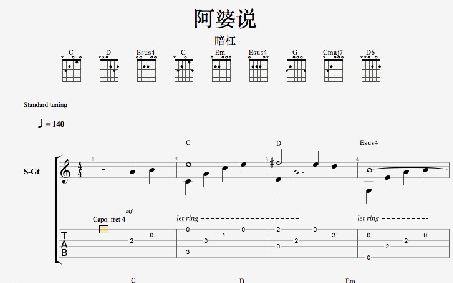 空吉他谱_暗杠_C调指法简单版版六线谱_吉他弹唱教学 - 酷琴谱
