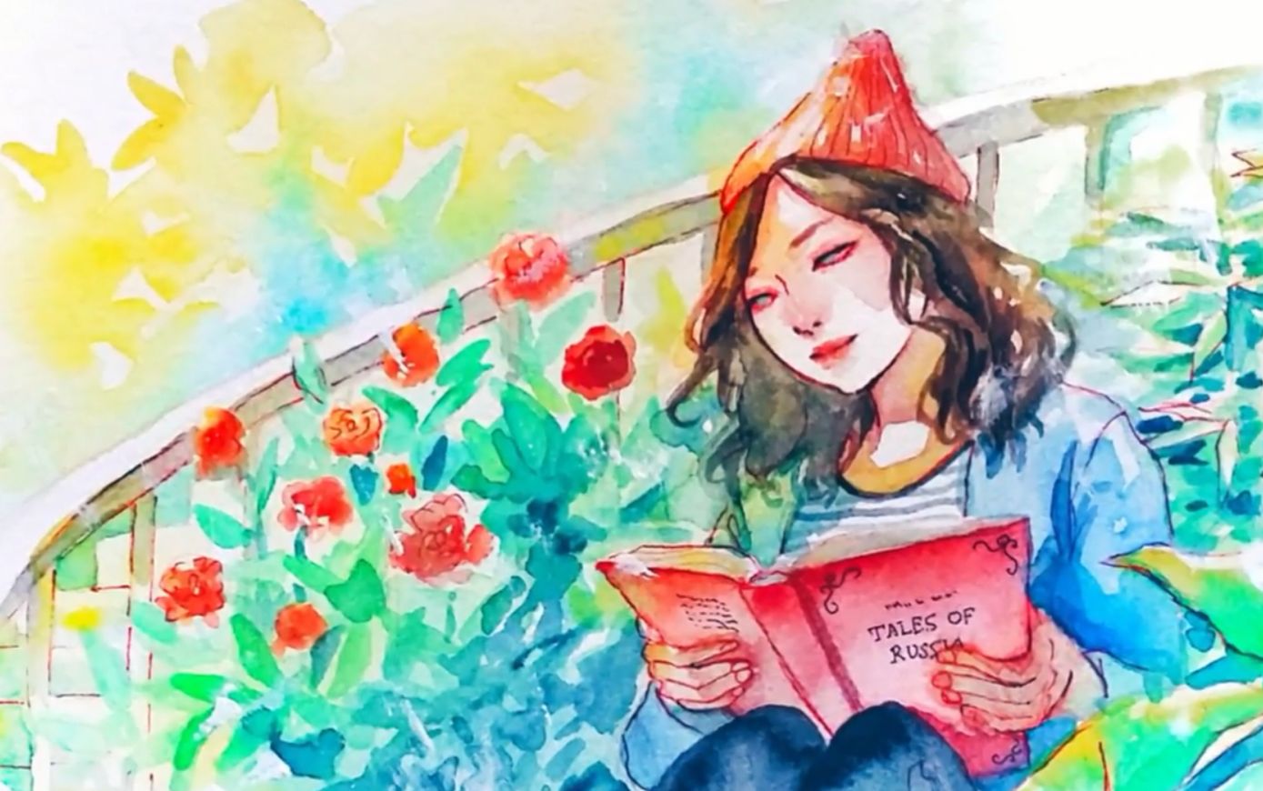 【水彩】阳光下看书的女孩水彩绘画