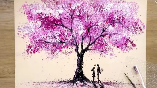 【水彩画】如何画出在樱花树下的恋人/气泡袋画画技巧