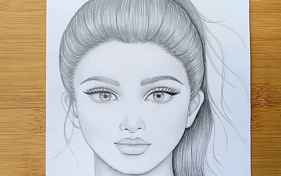 How to draw a girl with ponytail hairstyle __ Pencil sketch __ Face Drawing  __ b-哔哩哔哩