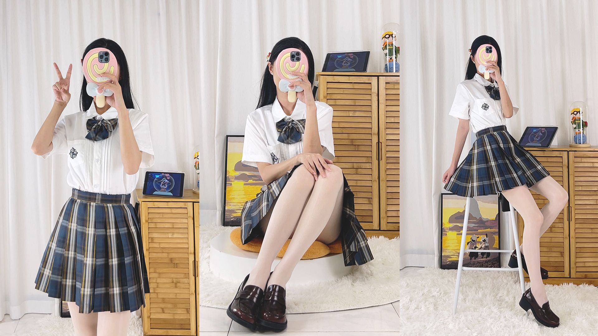 蓝金色条纹格裙配白袜 | 小学妹的jk日常