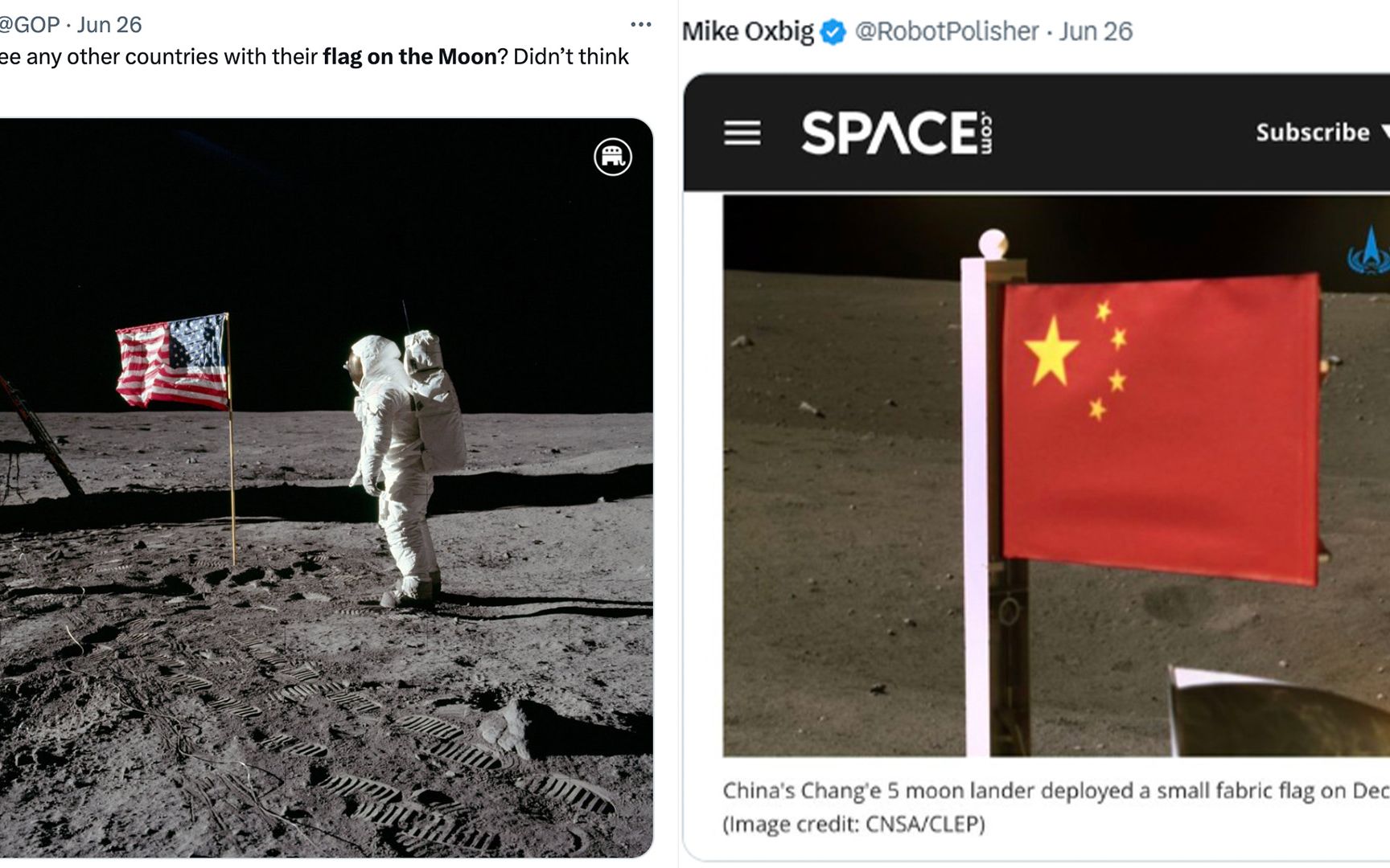 美共和党炫耀“月球没其他国旗” 网友们贴出了五星红旗