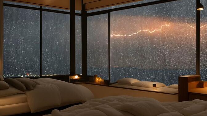在雷暴之夜的舒适房间，伴着大雨，闪电和雷鸣，放松深度睡眠
