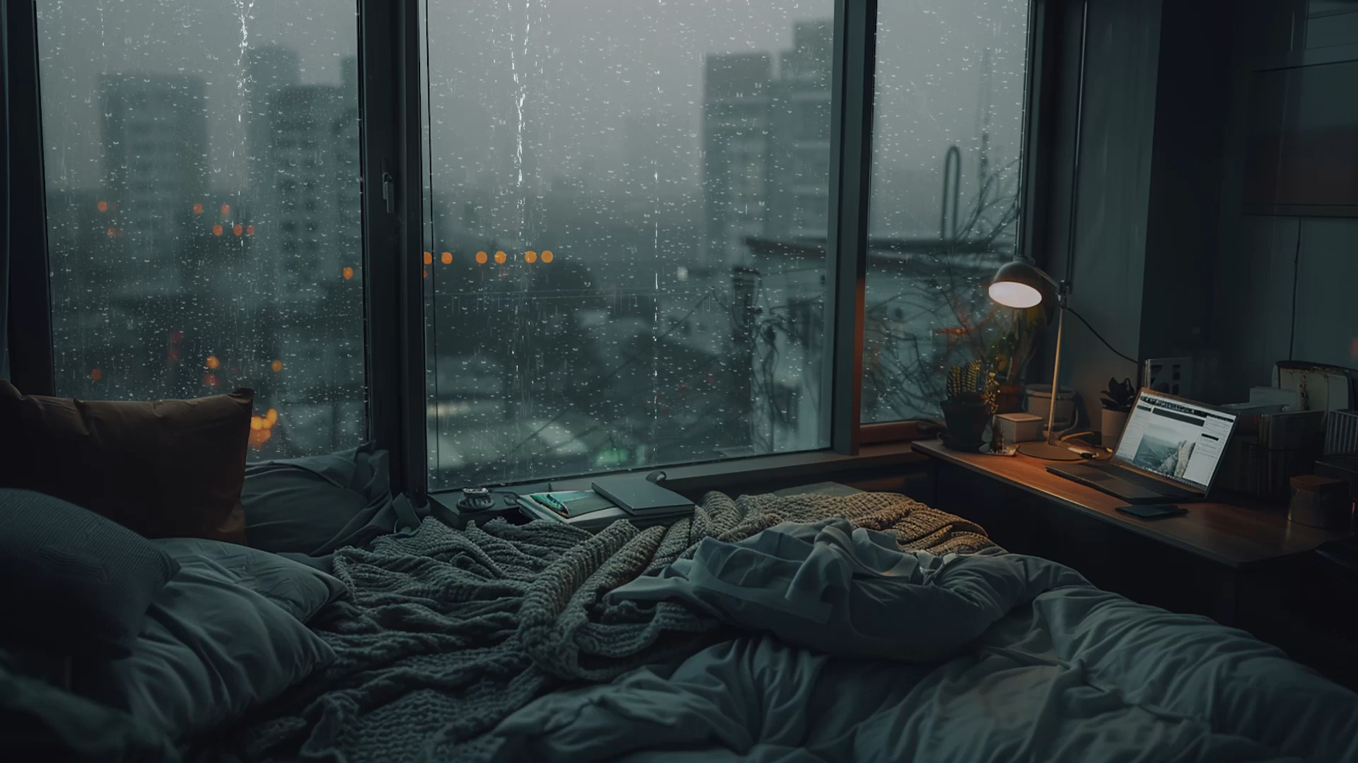 雨天的公寓楼，在舒服的大窗台前，躲在被窝里听着窗外电闪雷鸣，雨声助眠