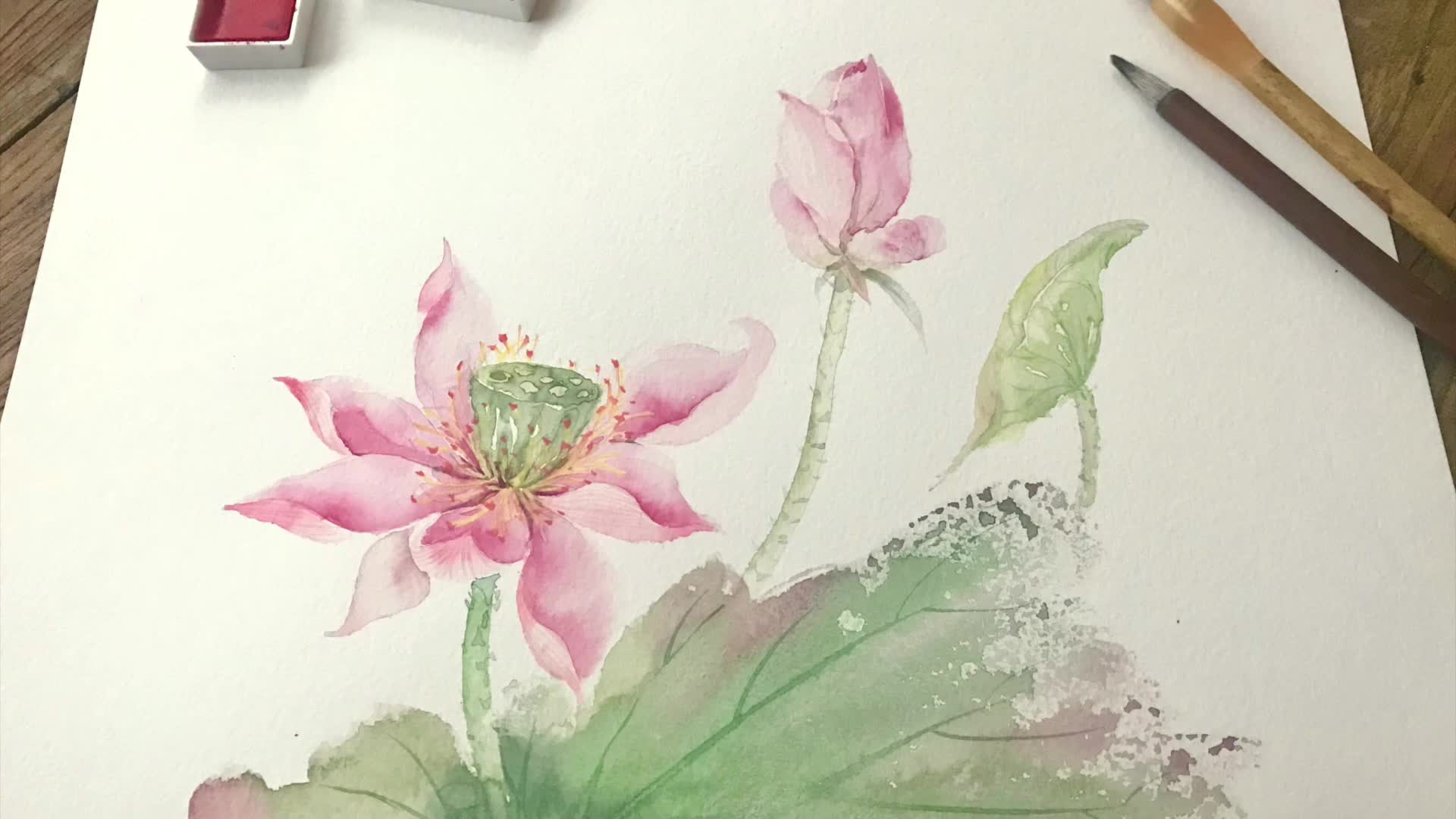 「古风水彩」佛系荷花的绘制过程