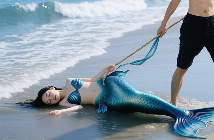 【AI剧场】海边钓到一条美人鱼，带回家养着