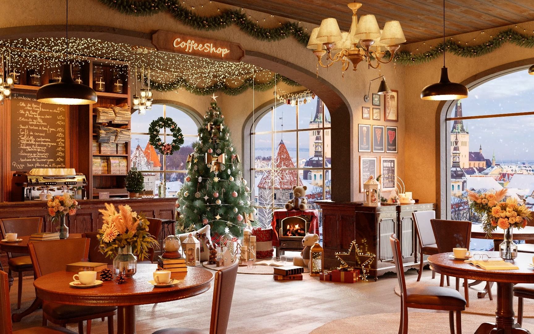 【白噪音】6小时丨圣诞节的咖啡厅（吉他音乐，舒适的壁炉声，窗外雪景）