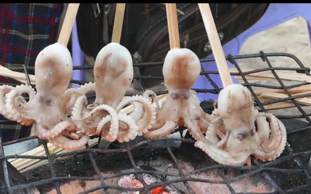 柬埔寨路边小吃街头食品-类似咱们这的烤章鱼仔(西哈努克城)