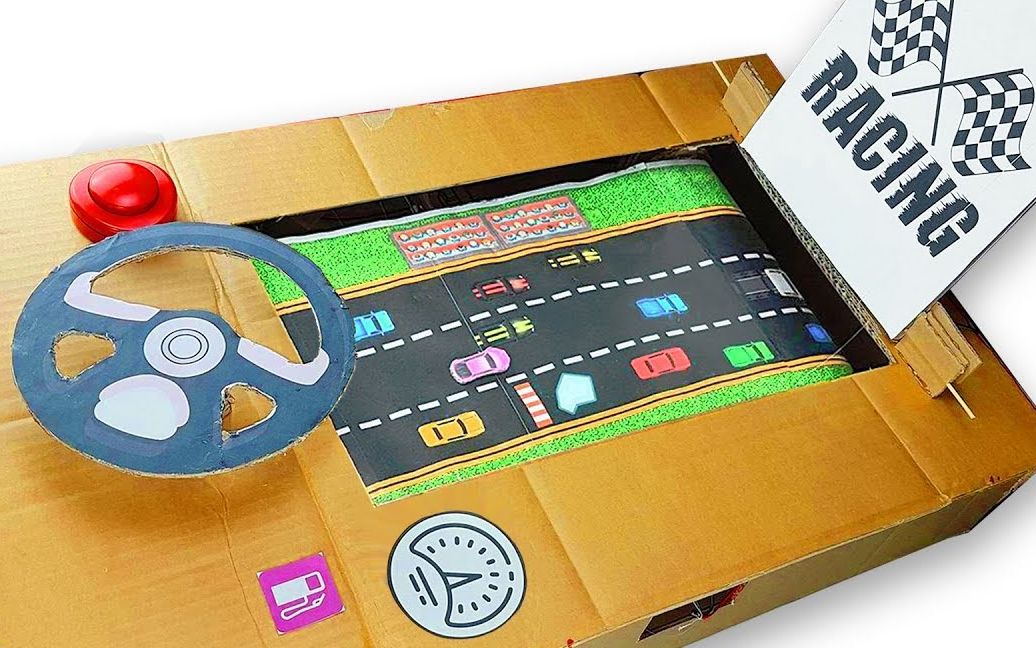 手工diy用纸板制作了一个赛车游戏机感觉能玩到天亮