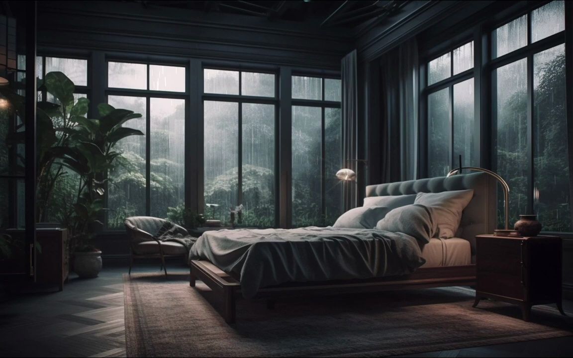 卧室里的轻柔雨声和绿色植物