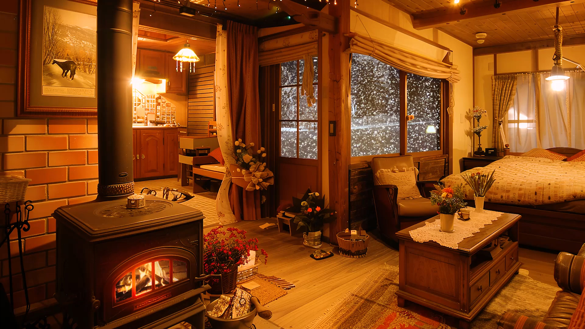 温暖的冬日房间，快速入睡，放松，冥想舒适的壁炉声音和放松的雪