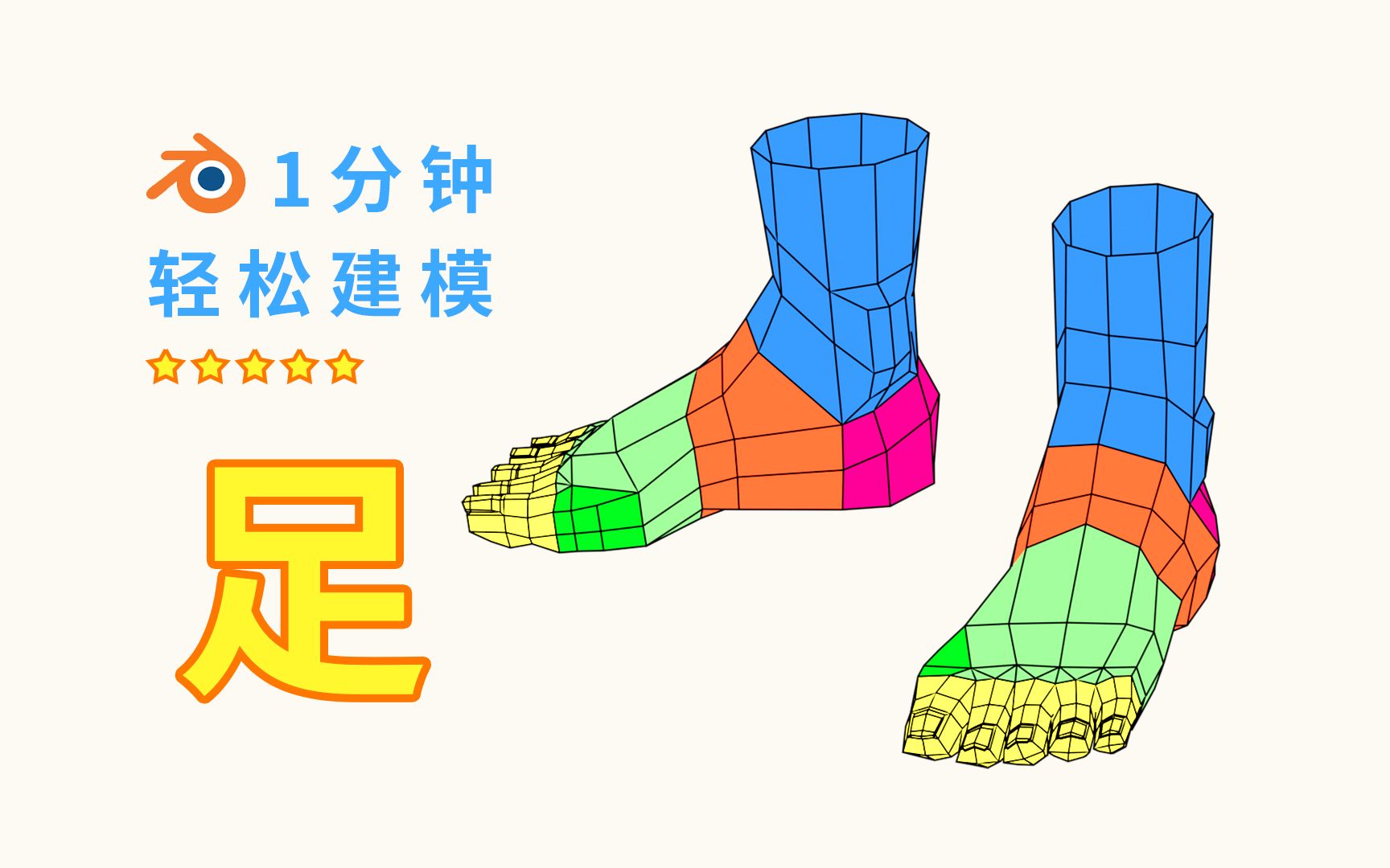 只要一分钟，不骗你！ Blender 脚、足部建模、人物、布线、四边面、几何建模