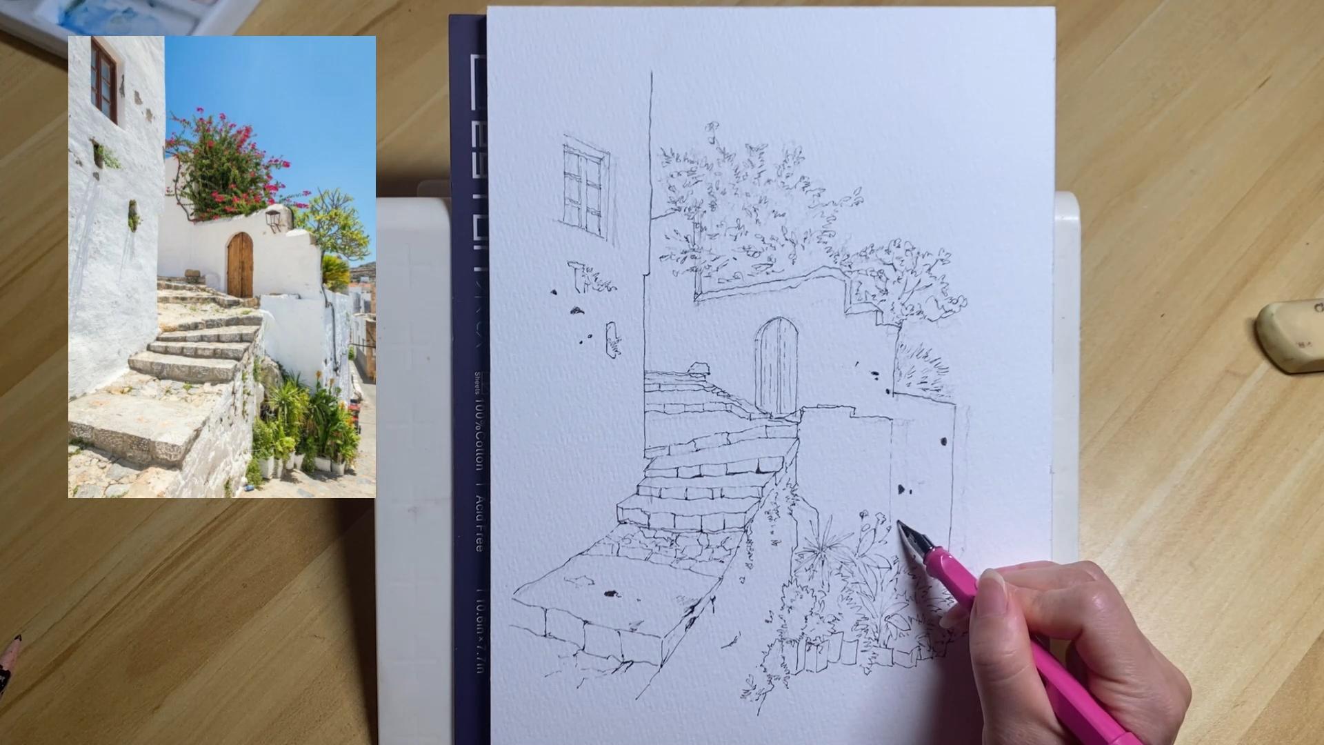 钢笔淡彩线稿过程·从铅笔打草稿到钢笔勾线完整过程