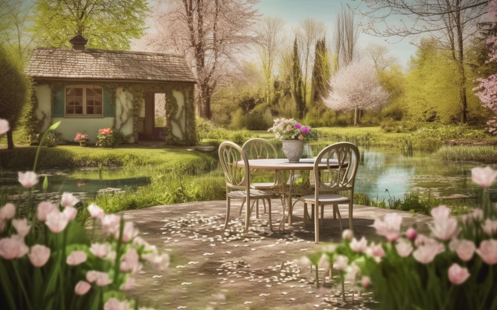 🍃春天小屋 ASMR 氛围 宁静的溪流声音， 风铃， 书声， 春天的花园自然