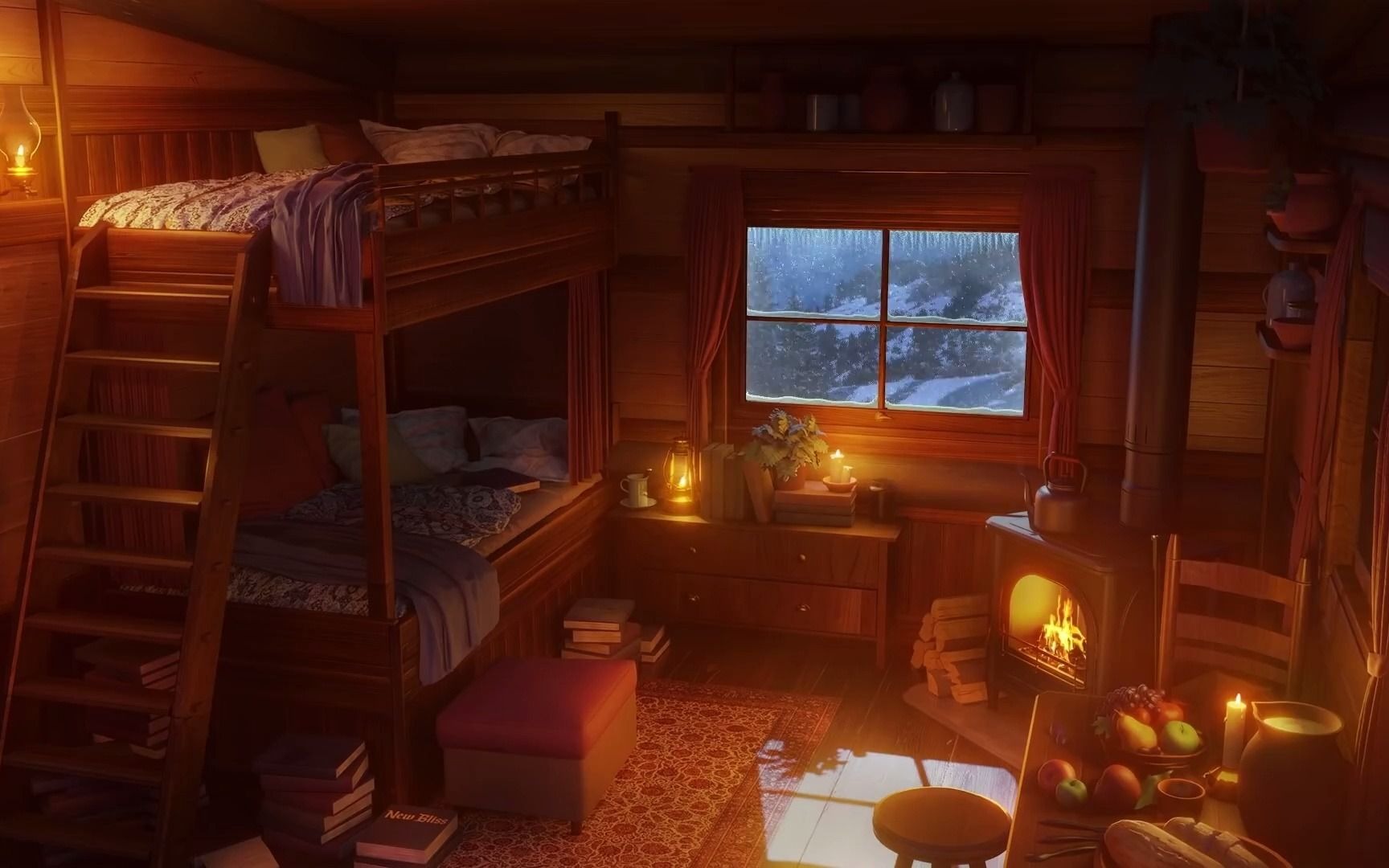 冬天的小木屋氛围｜放松的暴雪和暴风雪，室内的壁炉声音