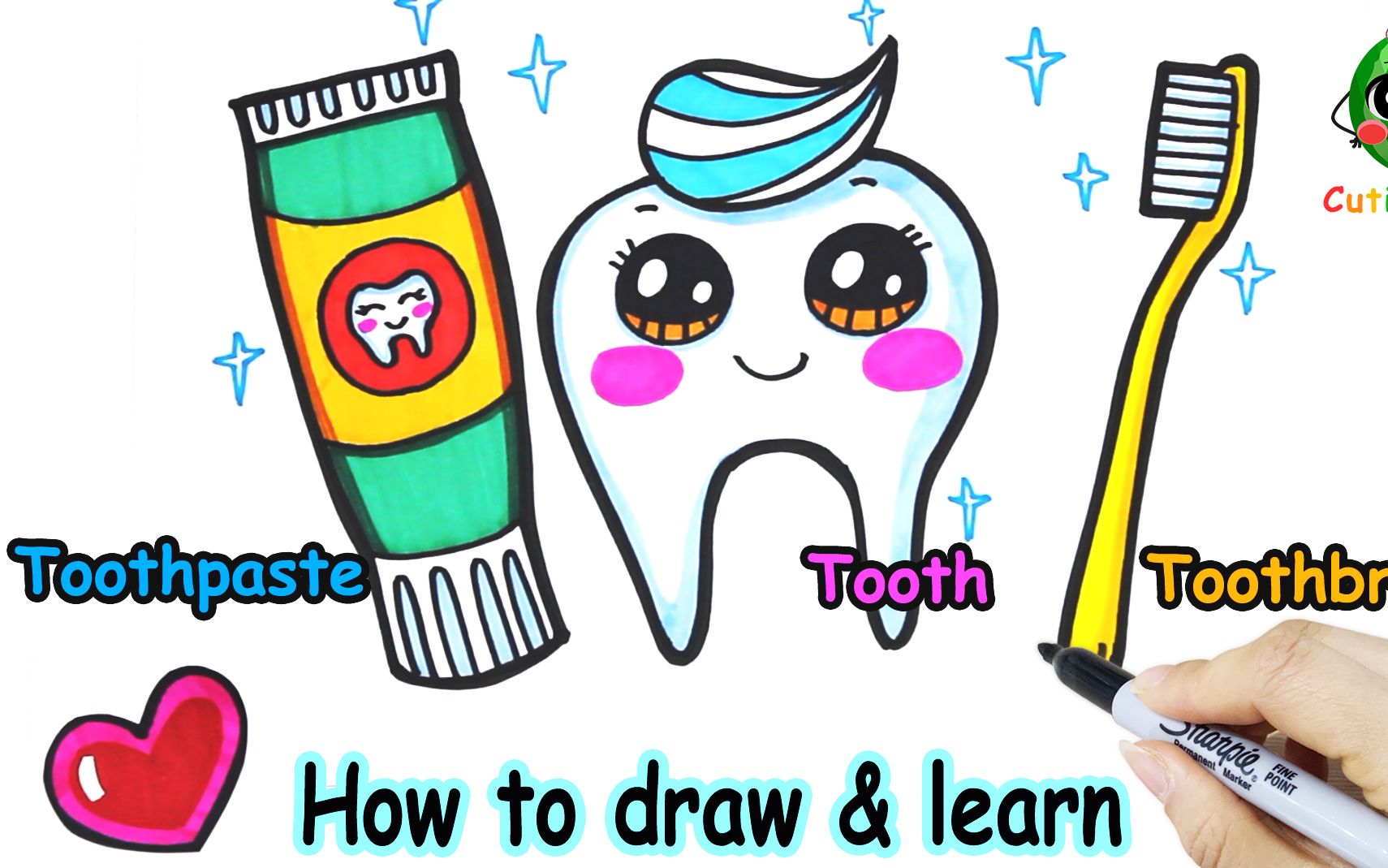 学画可爱的小牙齿边画画边学英语toothtoothpastetoothbrushlearn