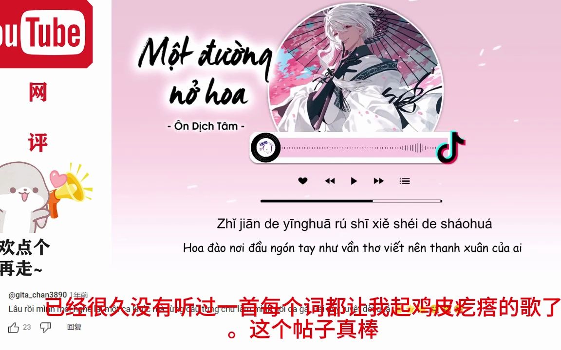 越南油管百万播放中国歌曲《一路生花》。网友：已经很久没有听过一首每个词都让我起鸡皮疙瘩的歌了。