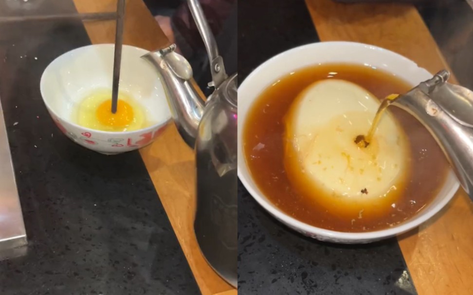 一男子用滚茶冲鸡蛋，鸡蛋秒变“灌汤蛋”，网友：这才是真正的茶叶蛋