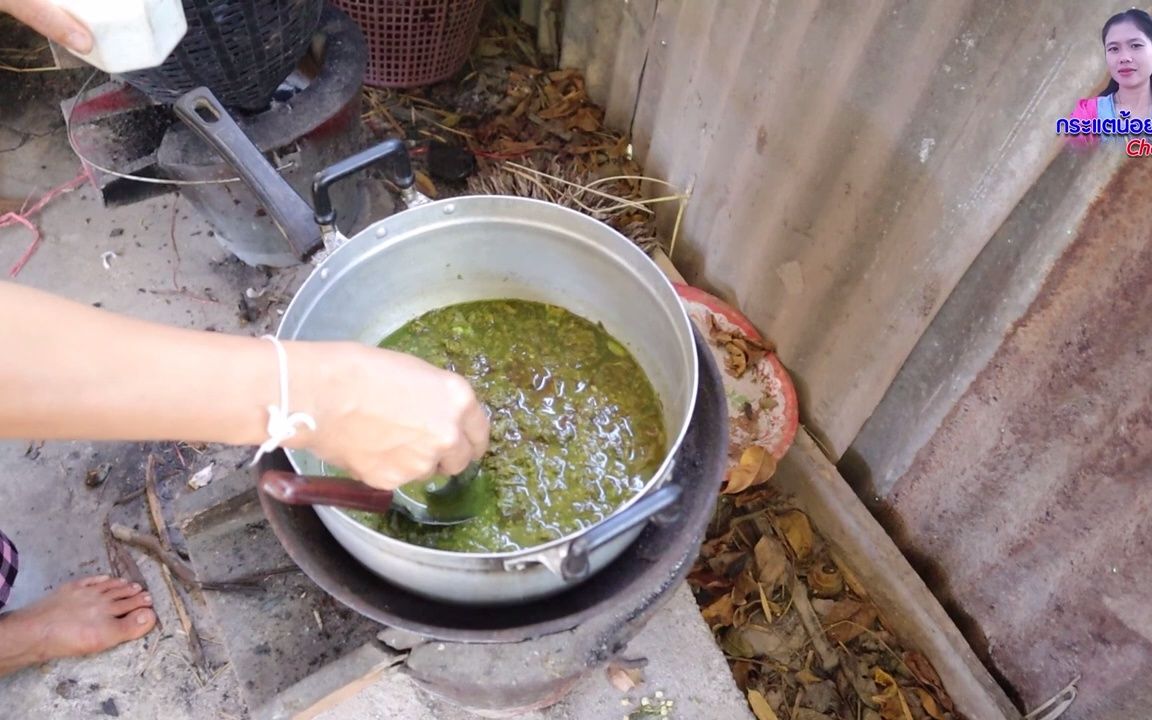 K姐制作木瓜沙拉、蚂蚁蛋和绿咖喱牛肉汤配上糯米饭、青葱和树叶子，与老公一起食用