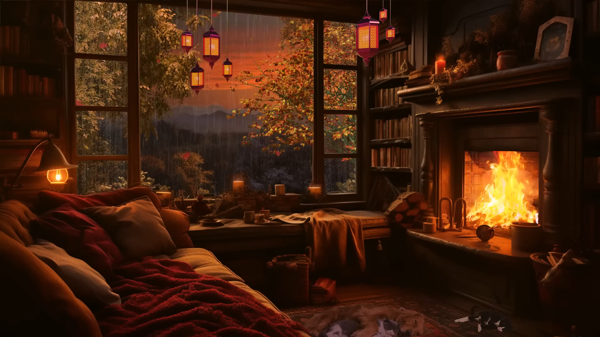 宁静的秋日傍晚壁炉和柔和的雨声 放松、睡眠或学习