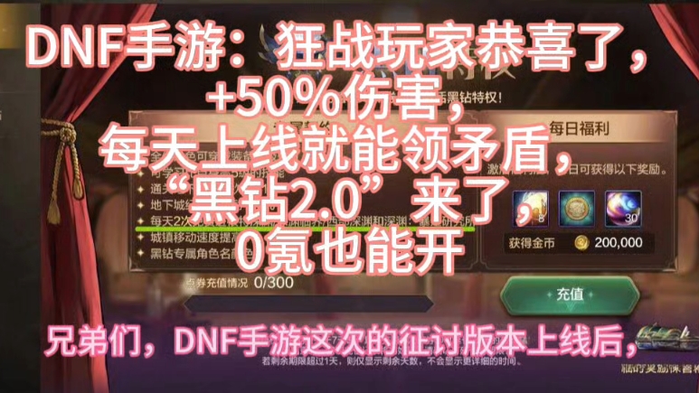 DNF手游：狂战玩家恭喜了，+50％伤害，每天上线就能领矛盾，“黑钻2.0”来了，0氪也能开