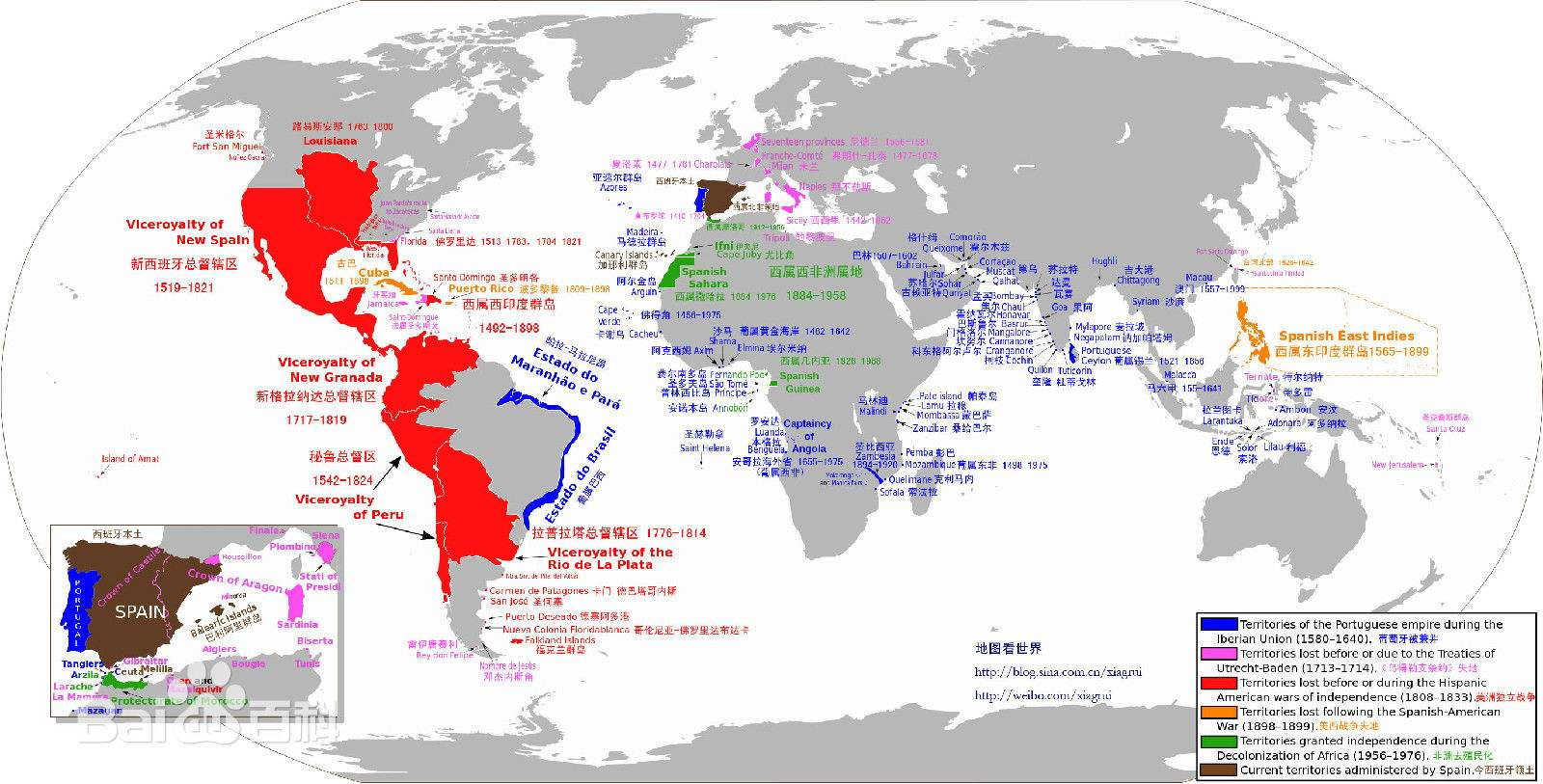 西班牙殖民帝国示意图.红色区域即为西班牙在美洲的殖民地