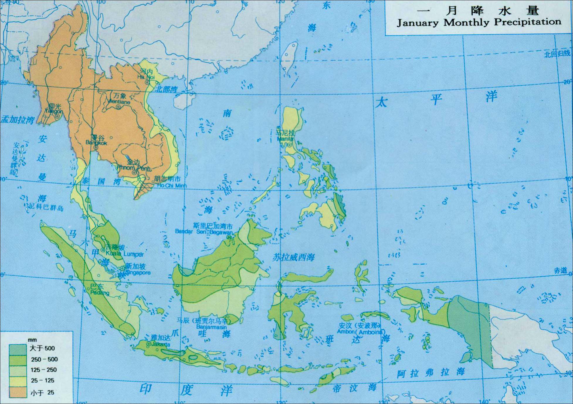 东南亚气候类型及一月,七月降水分布图