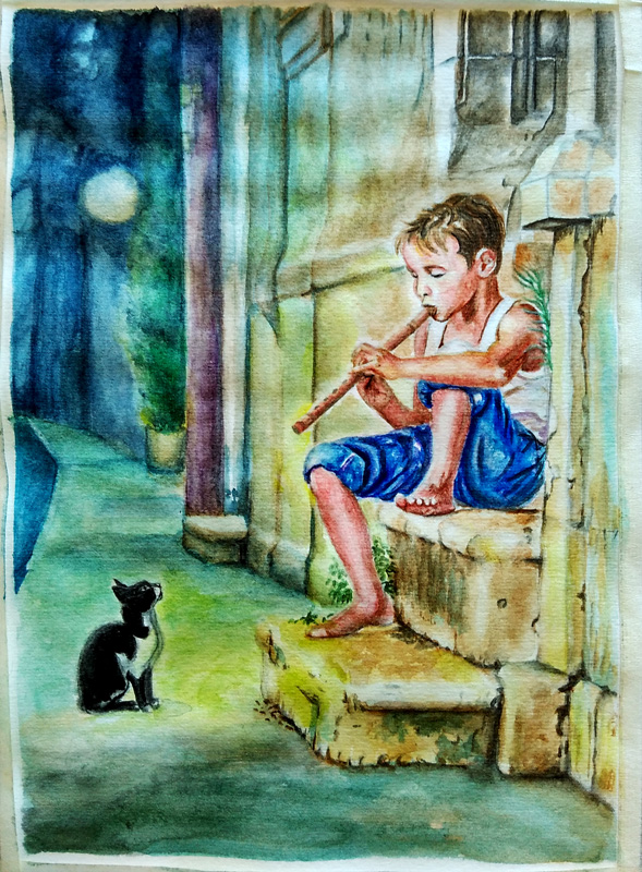 【水彩图解步骤】吹笛子的少年