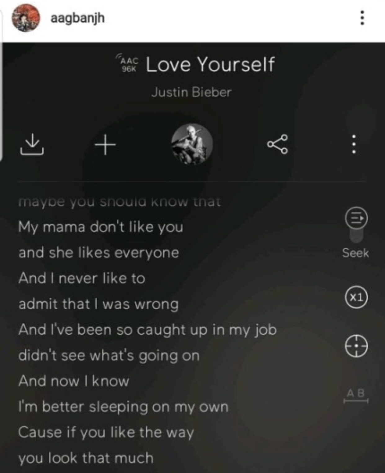 日在自己的instagram上上传了贾斯汀比伯的《love yourself》歌词截图