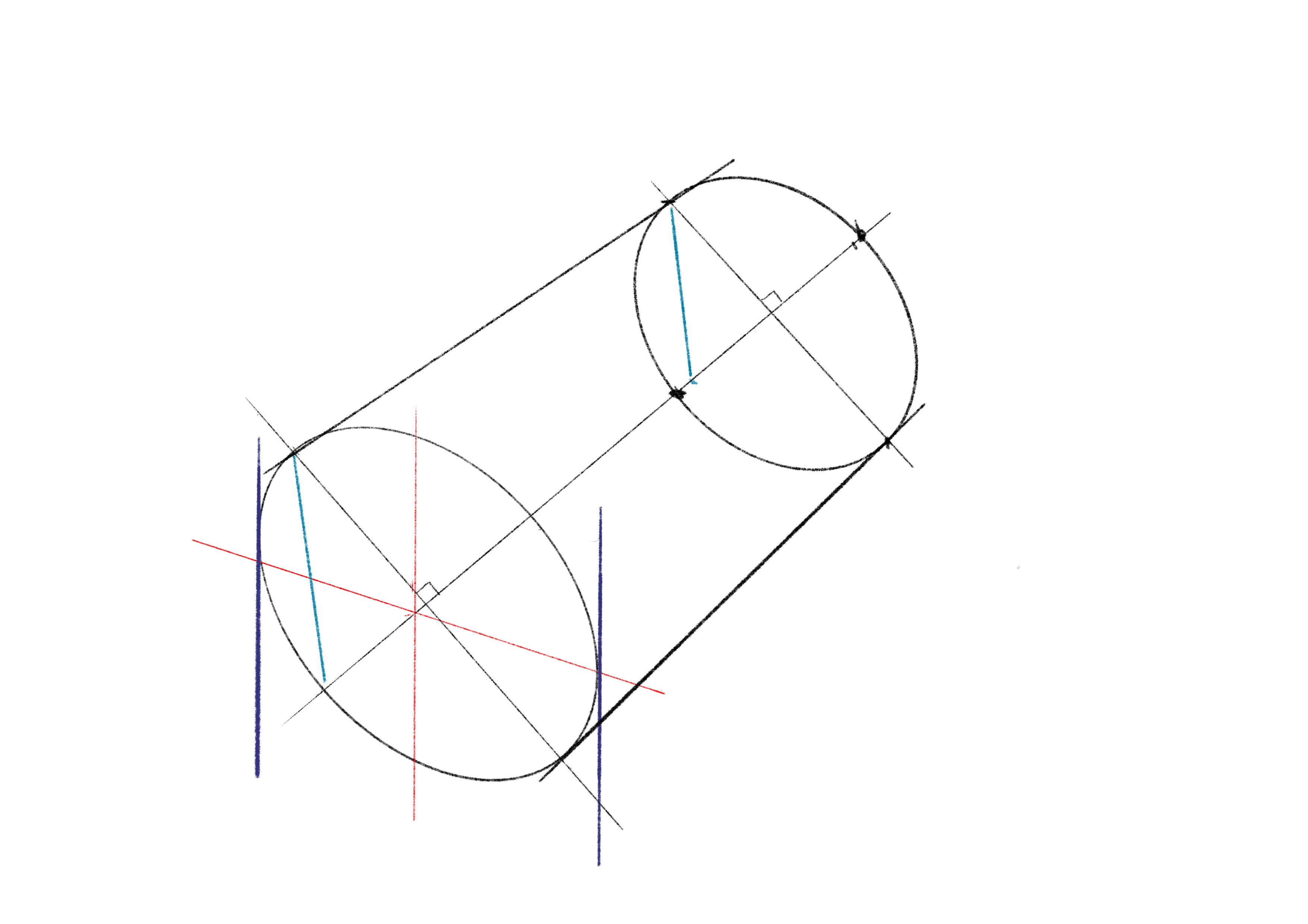 根据透视,确定底端面的短轴长度,画椭圆.