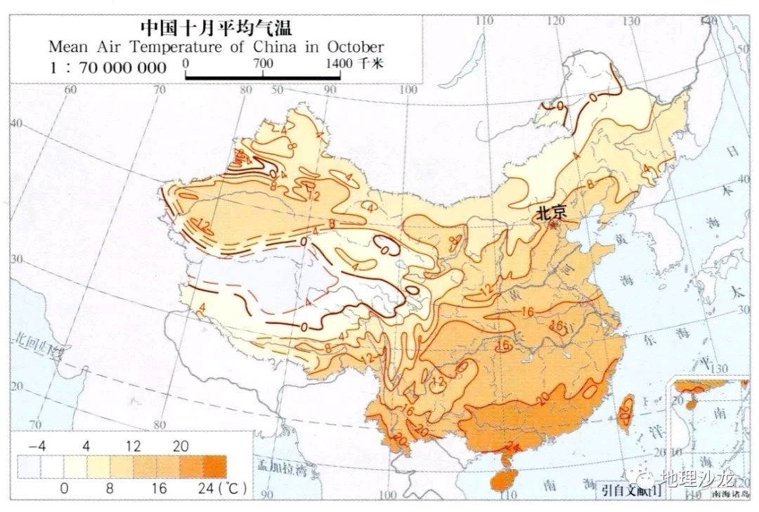 中国一月,四月,七月,十月及年平均气温分布图