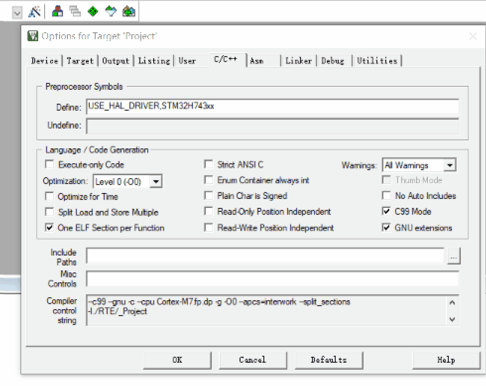 需要在define中定义两个宏use_hal_driver,stm32h743xx(英文逗号隔开)