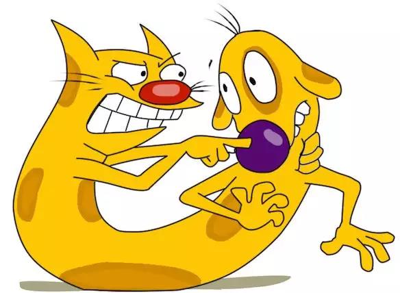 在动画片《猫狗》(catdog)中,这种猫头和狗头互相掐架的场景经常出现