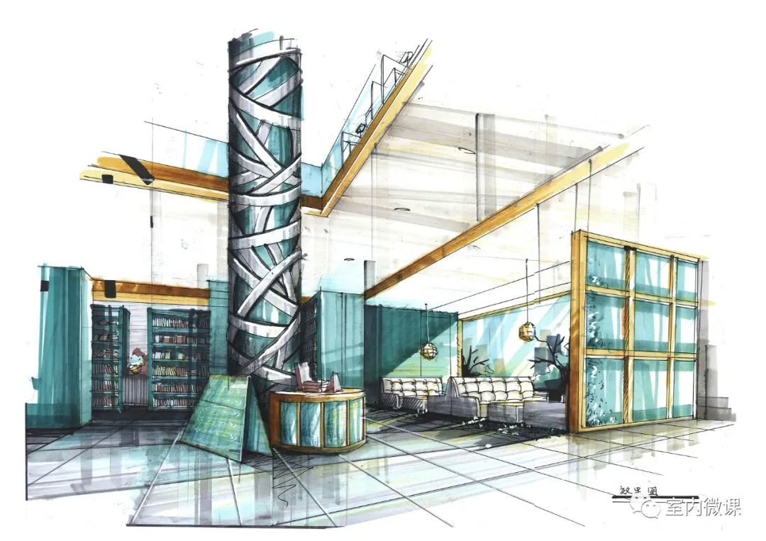 【手绘教程68】书吧空间马克笔上色步骤解析