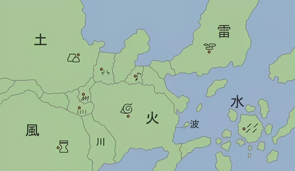 分别为: 火之国·木叶村,风之国·砂隐村,雷之国·云隐村,土之国·岩