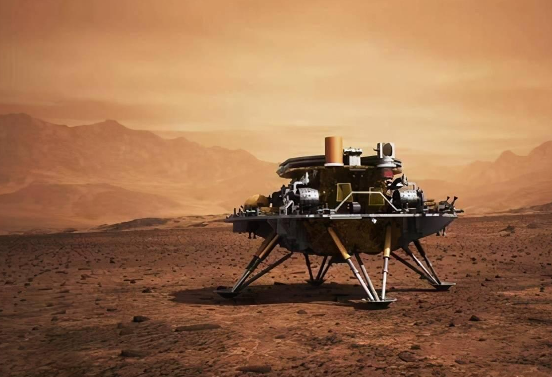 图为天问1号火星探测器着陆想象图