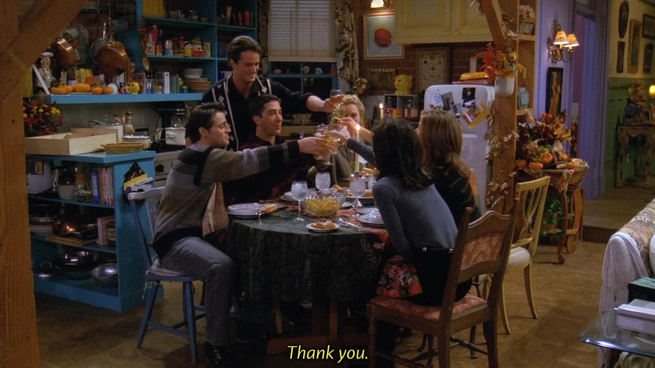rachel: and a crappy new year. chandler: here, here