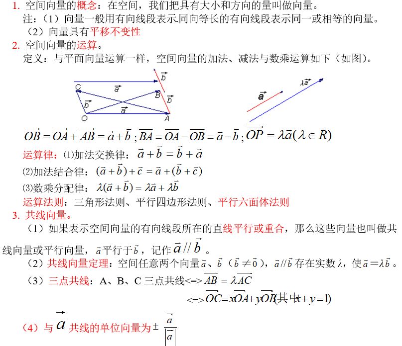 高中数学:空间向量与立体几何知识点,例题
