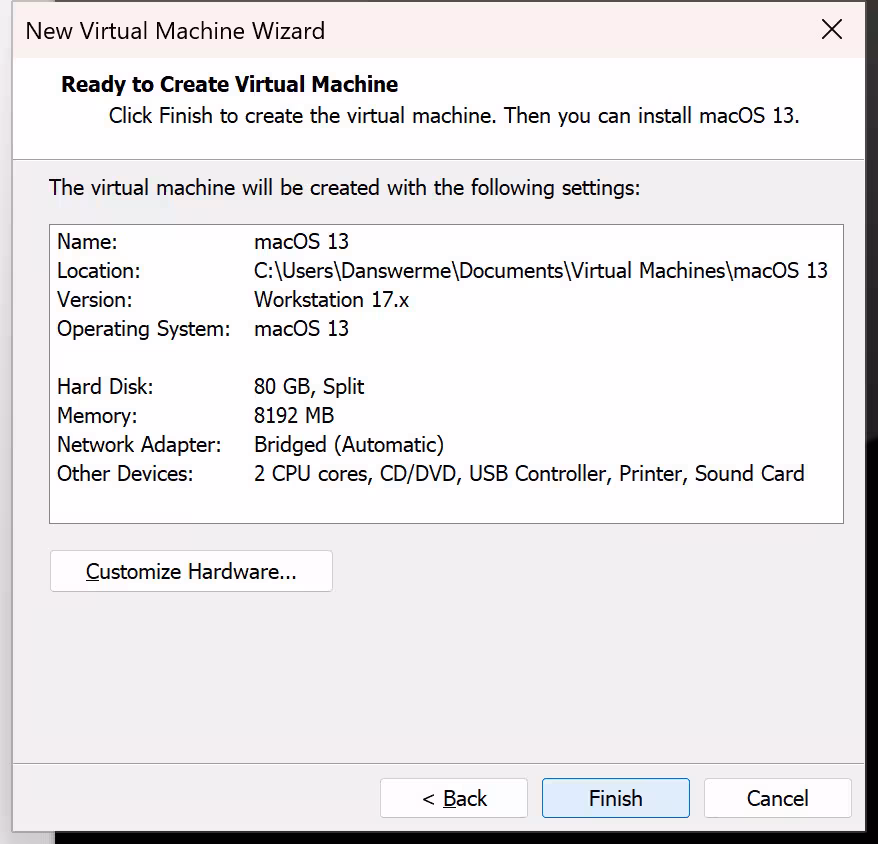 VMware Workstation Pro 17 安装原版 macOS 13