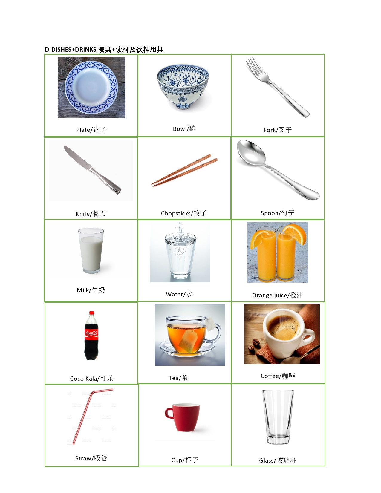 本系列图片是英文字母d开头的,包括各种餐具,饮料以及喝饮料的用具