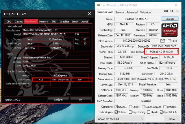 而rx5500xt的总线参数貌似有bug,在cpu-z显示是x16总线,而gpu-z显示